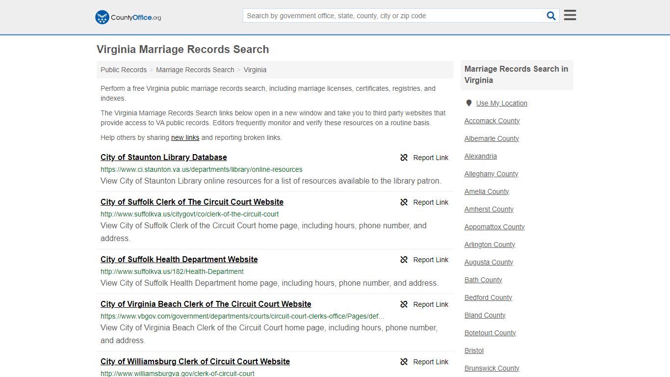 Virginia Marriage Records Search - County Office